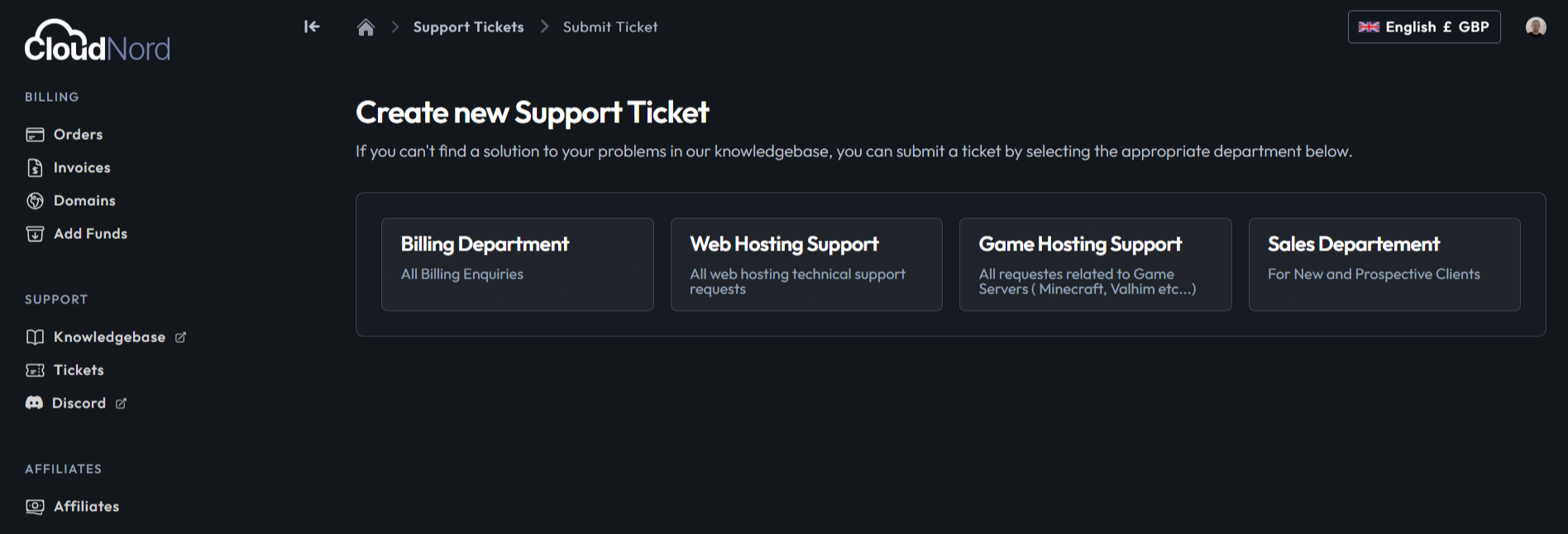 Support Tickets page