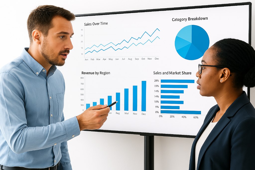 Colleagues in an office looking at data insights on a big screen.