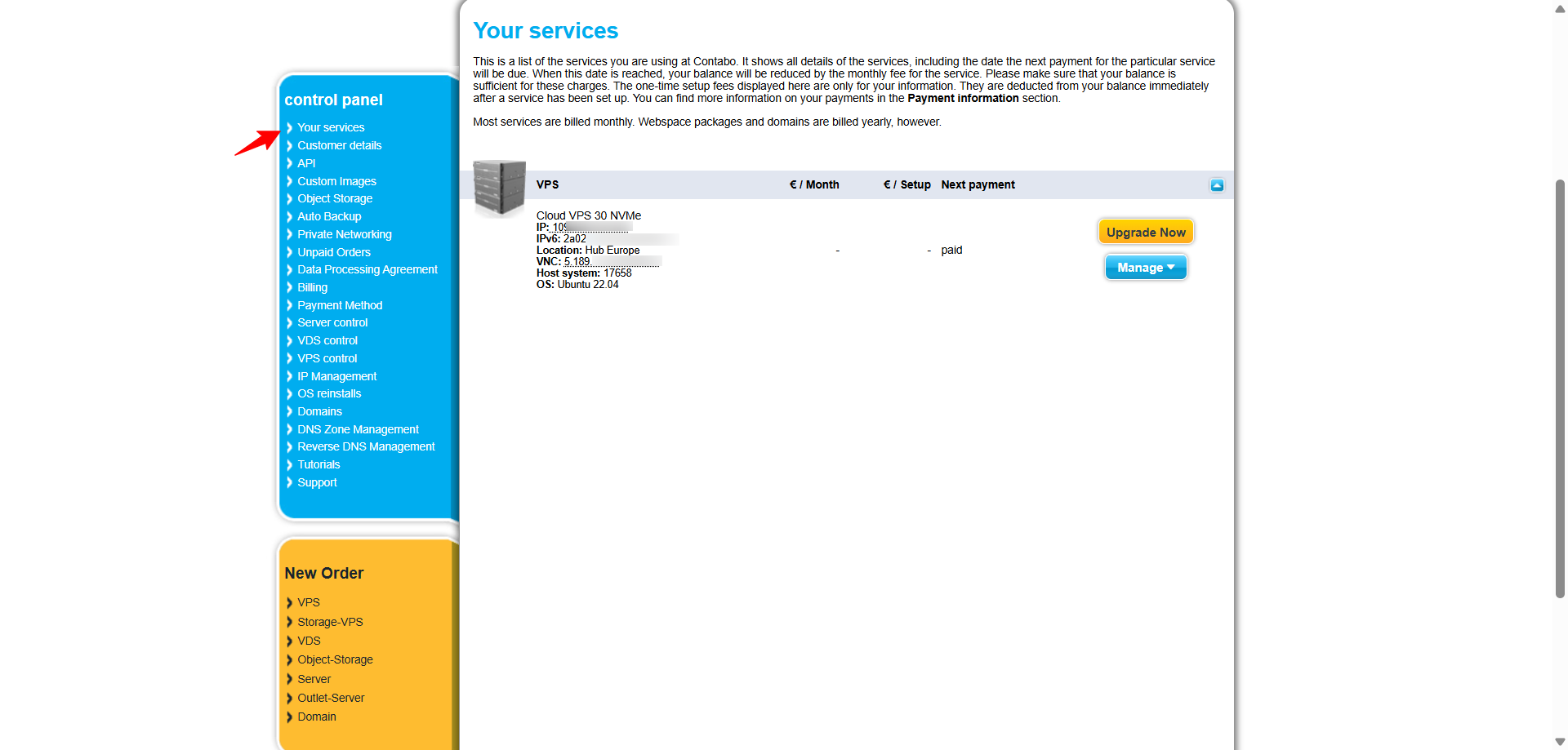 screenshot of the Your Services page