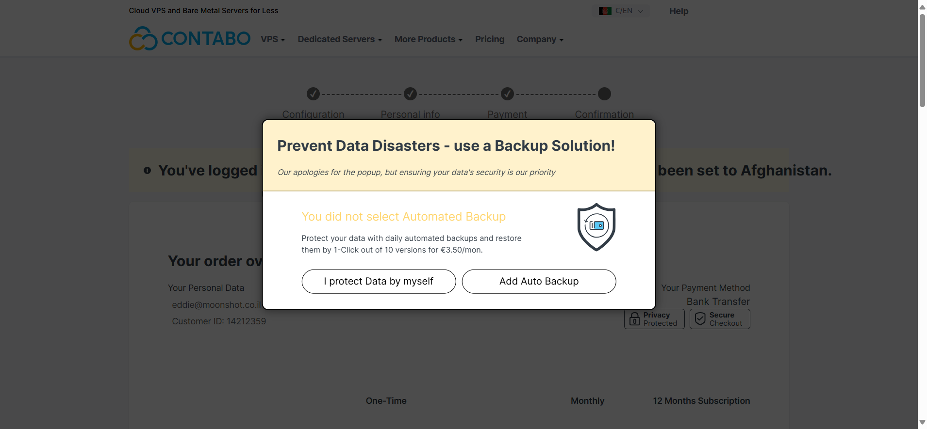 screenshot of the “Prevent Data Disasters – use a Backup Solution!” pop up window