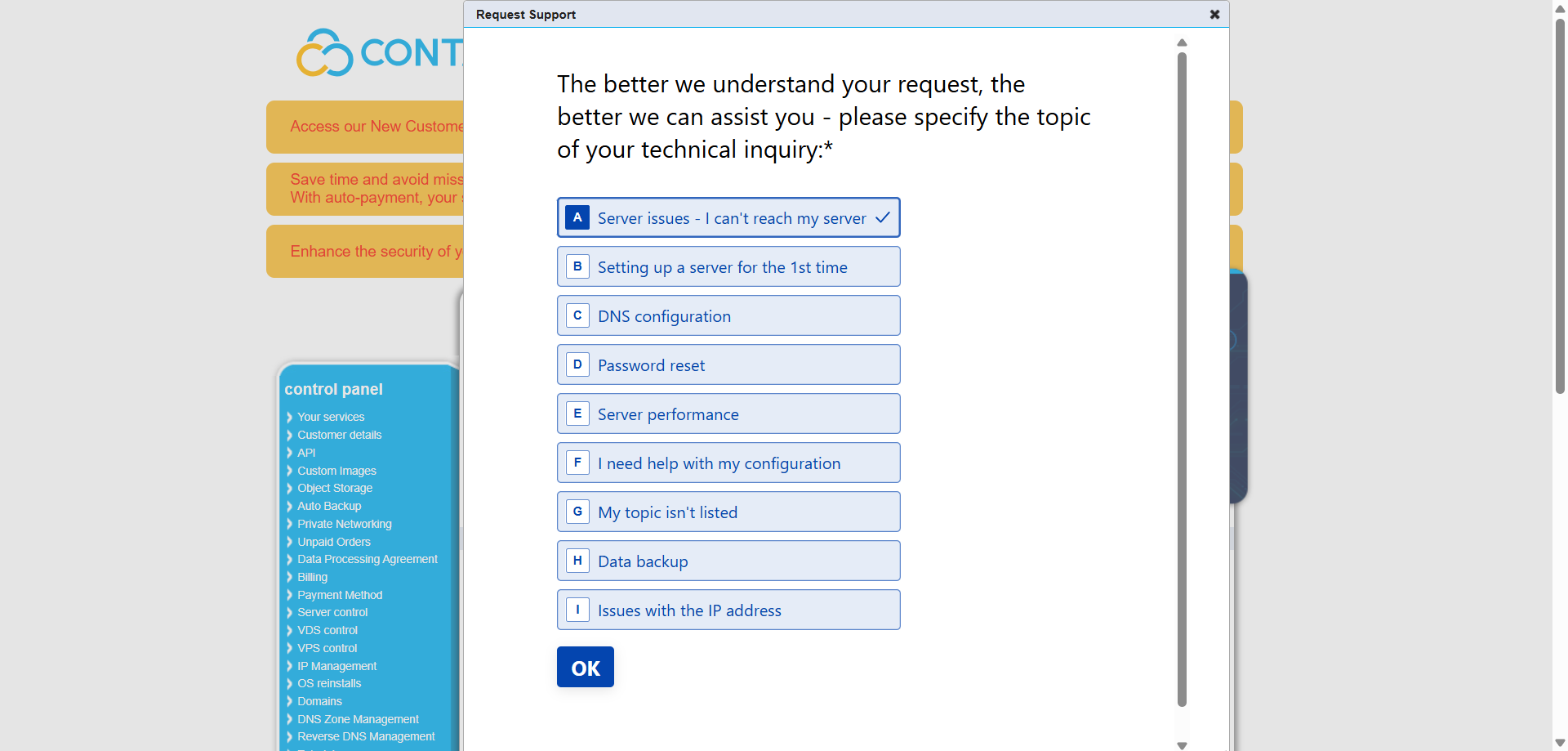 screenshot of technical inquiry