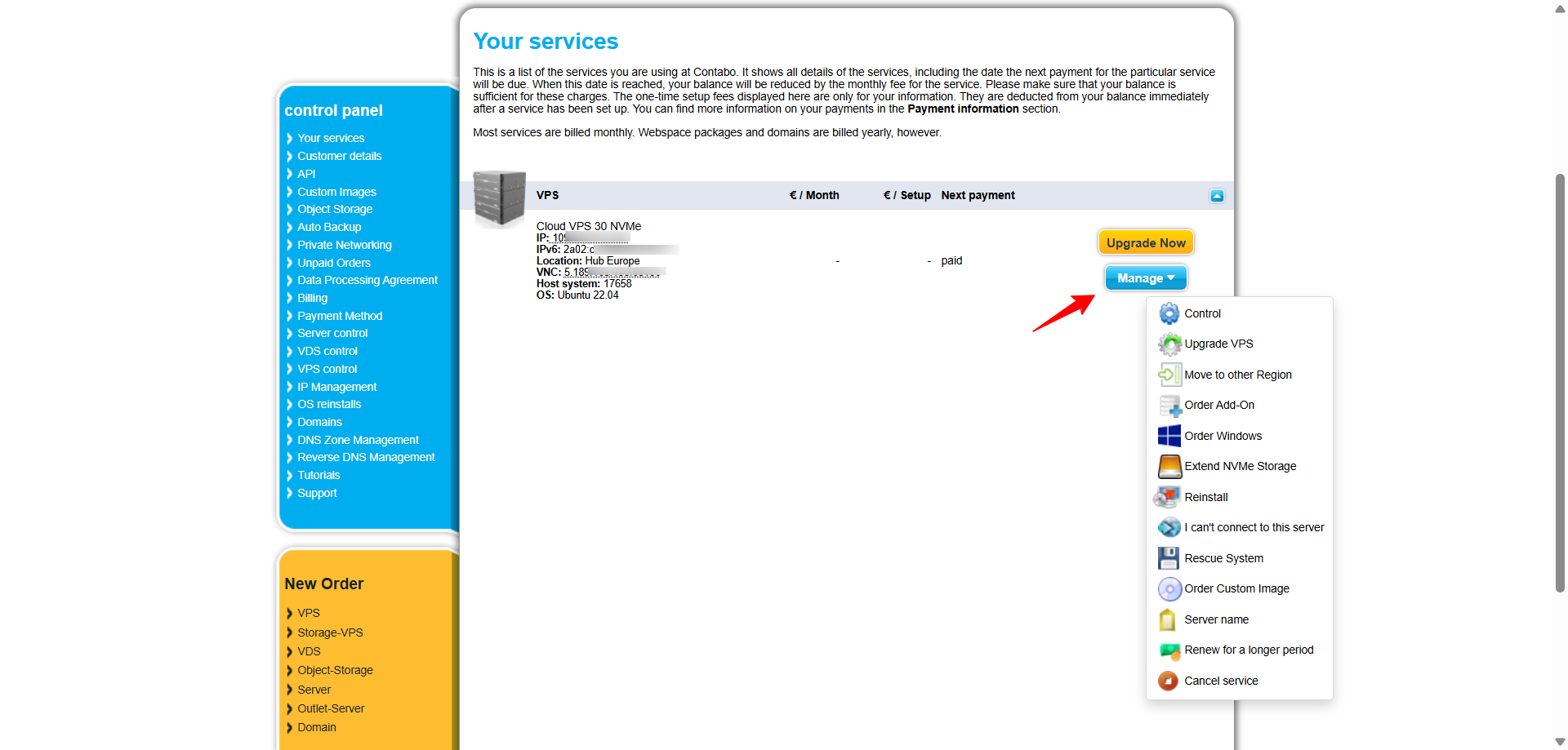 screenshot of the Manage dropdown menu