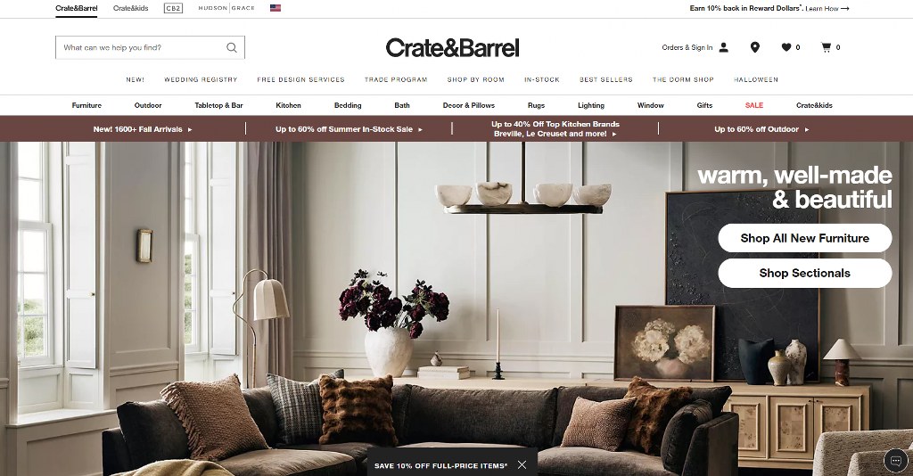 Crate & Barrel homepage.
