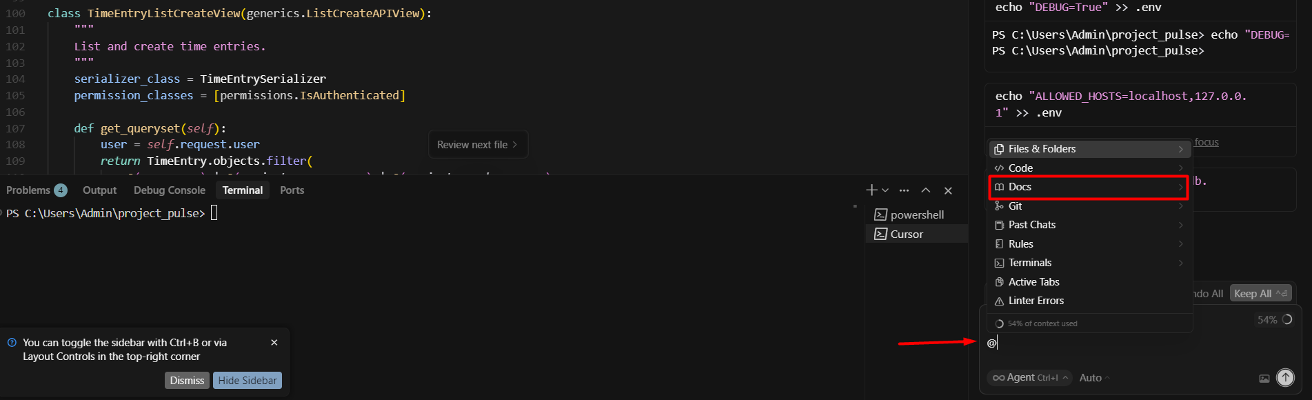 screenshot of the documentation button