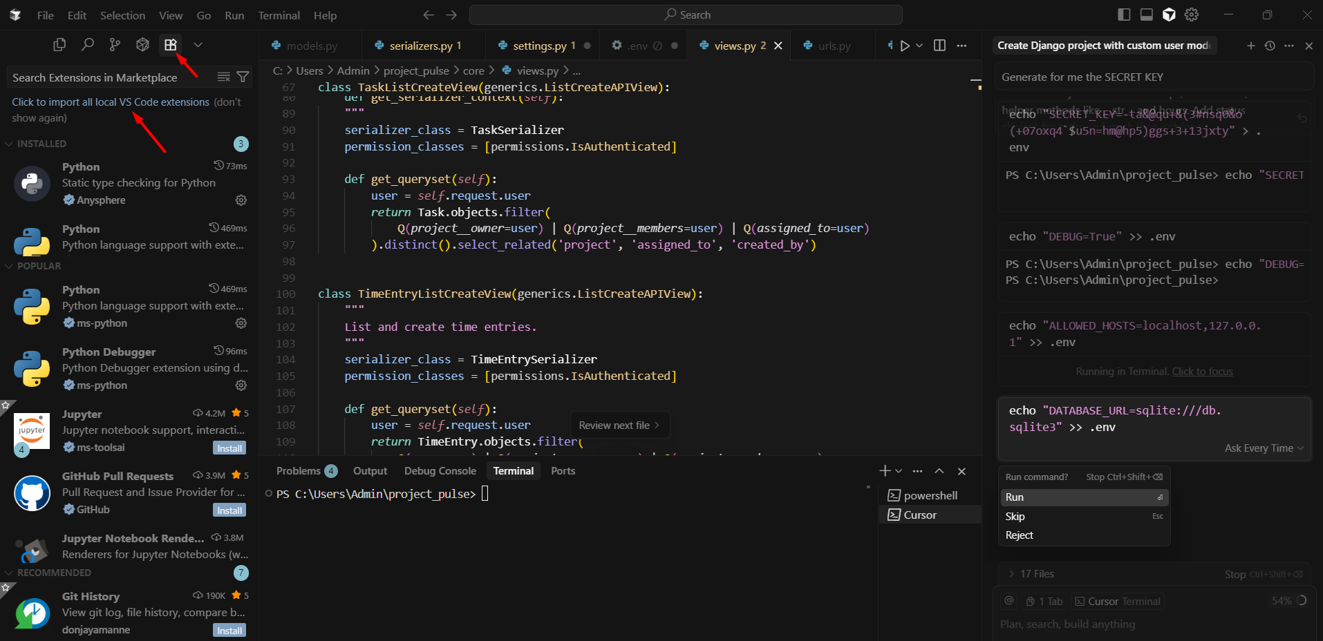 screenshot of the Extensions button
