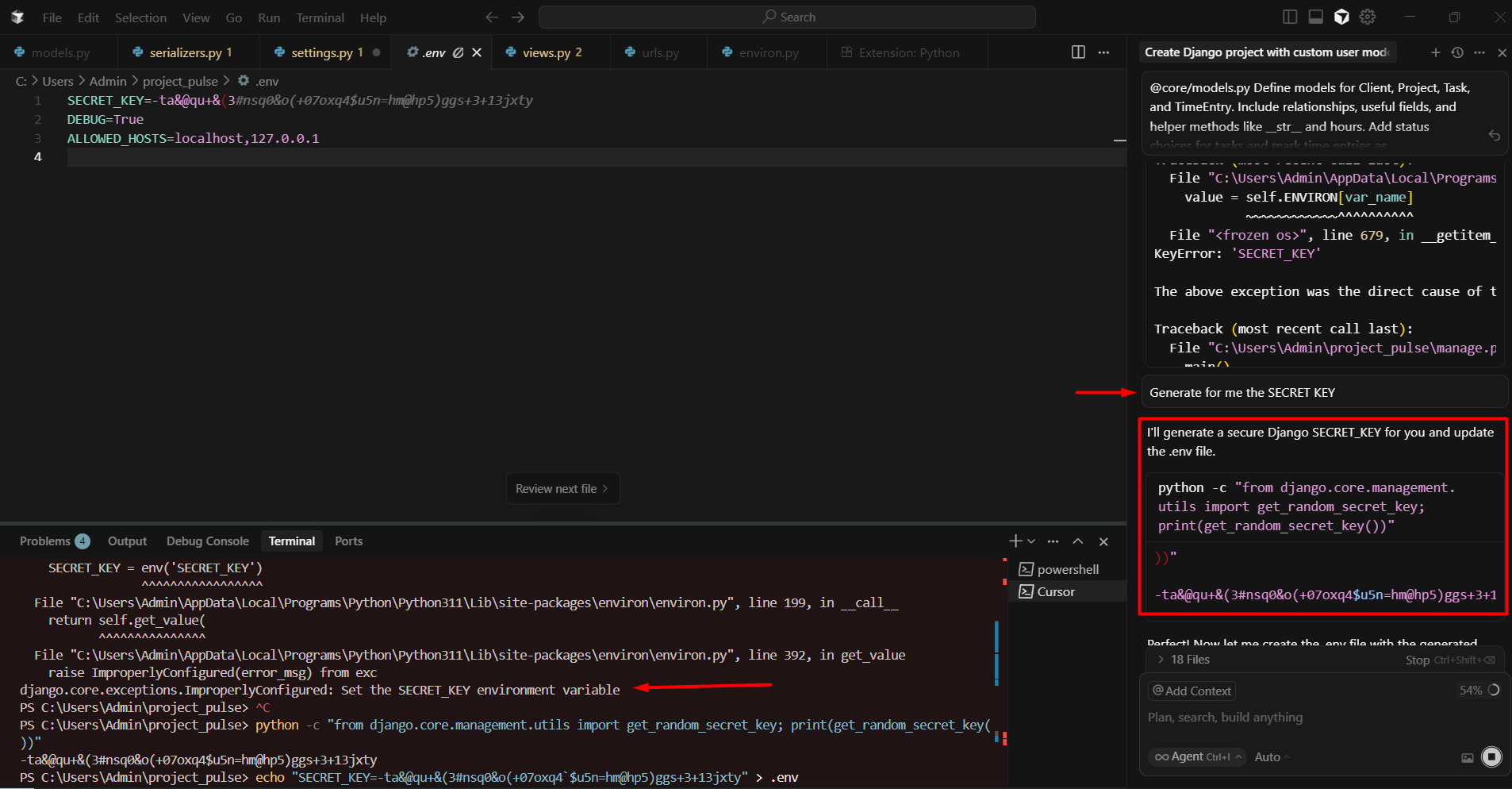 screenshot of how the Cursor guided me through installing fixes