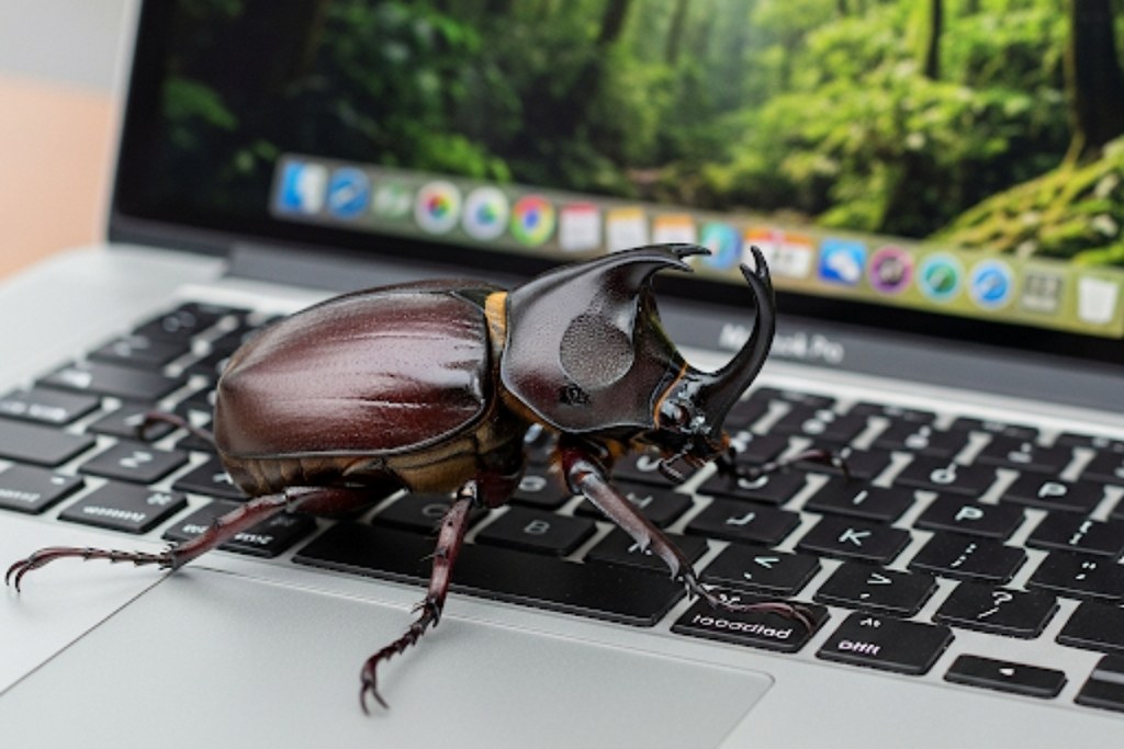 Debugging concept: dung beetle crawling on a laptop.