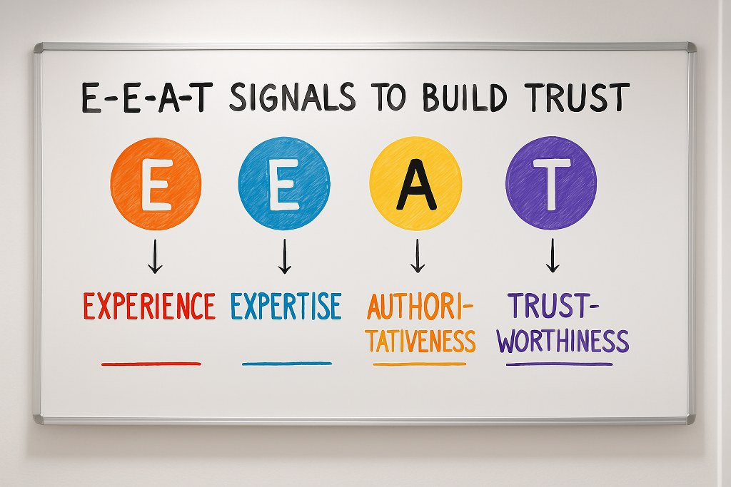 E-E-A-T Signals written on a whiteboard.