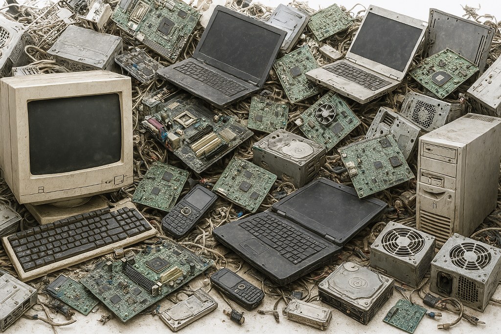 E-waste consisting of computers, phones, laptops and their parts.