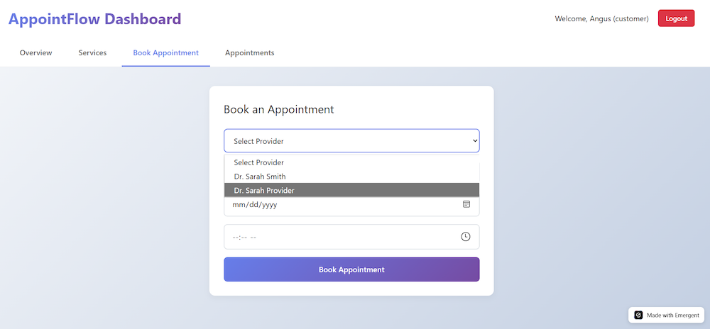 screenshot of the booking form