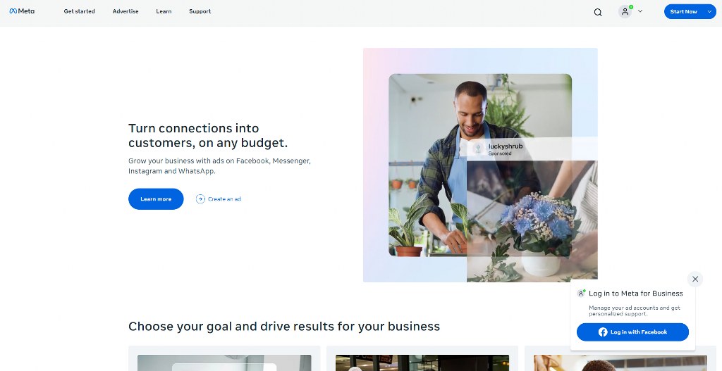 Facebook Business website homepage.
