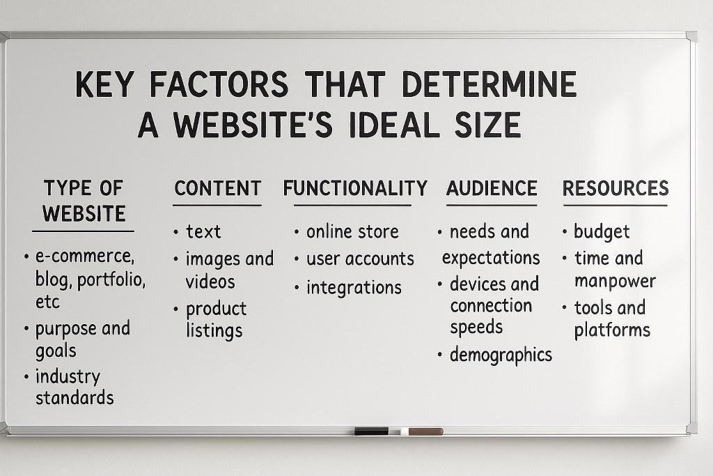 Factors that determine a website's ideal size on a whiteboard.