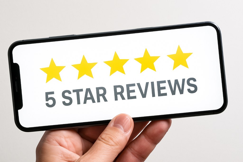 Five-star review on a phone.