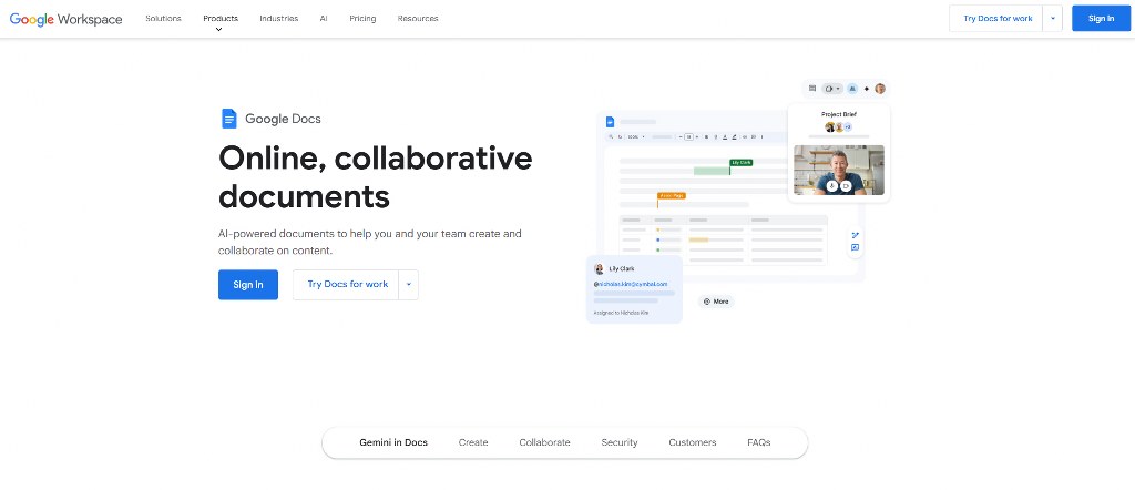 Google Docs homepage.