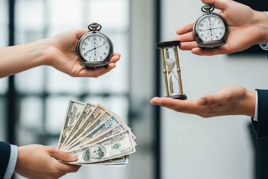 Hands exagging money and clock.