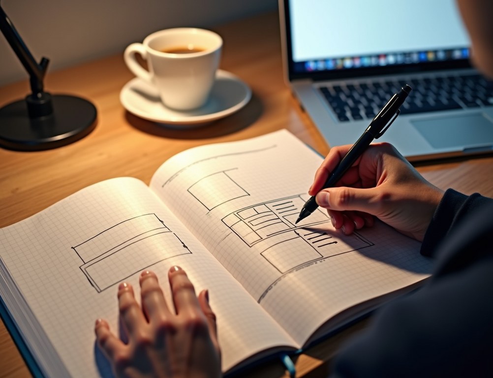 Hands sketching a website homepage wireframe in a notebook next to a laptop.