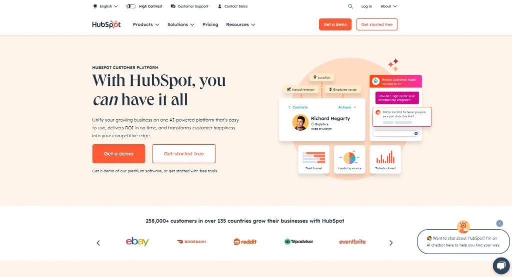 HubSpot website homepage.