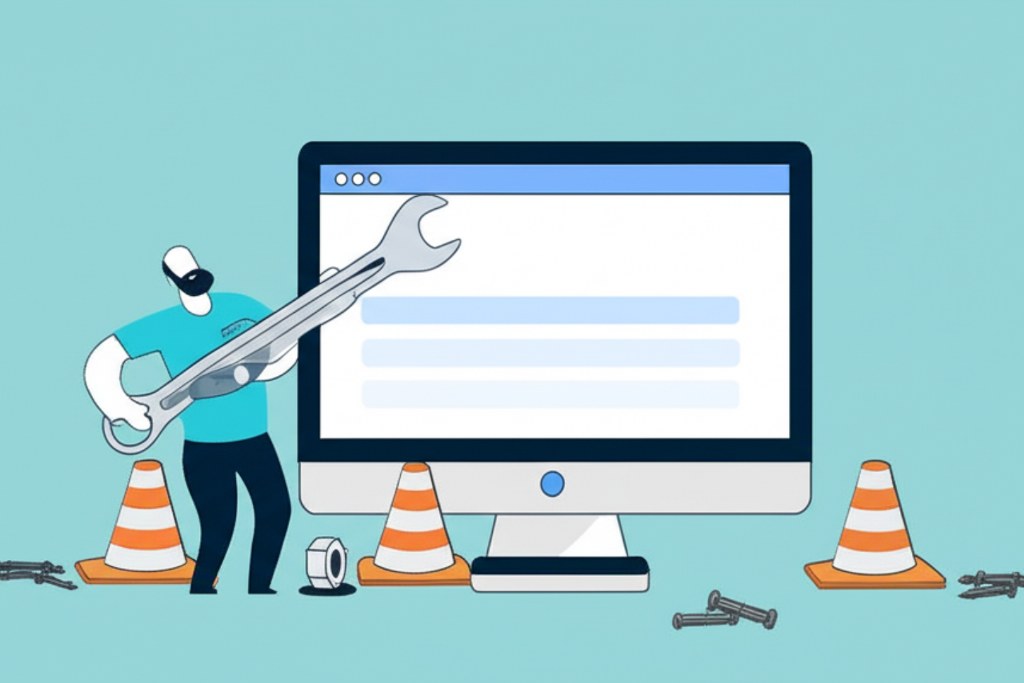 Illustration of man repairing on monitor screen.