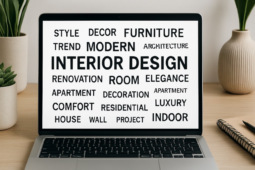 Interior design keywords on a laptop screen.
