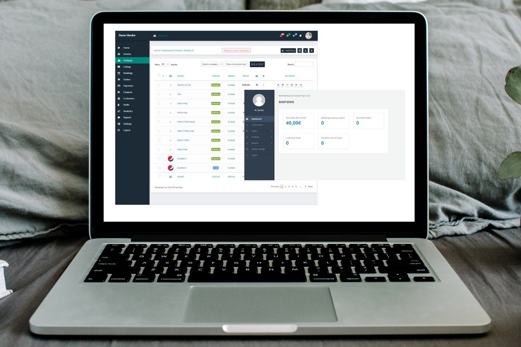 Laptop displaying sample yith woocommerce vendor manager.