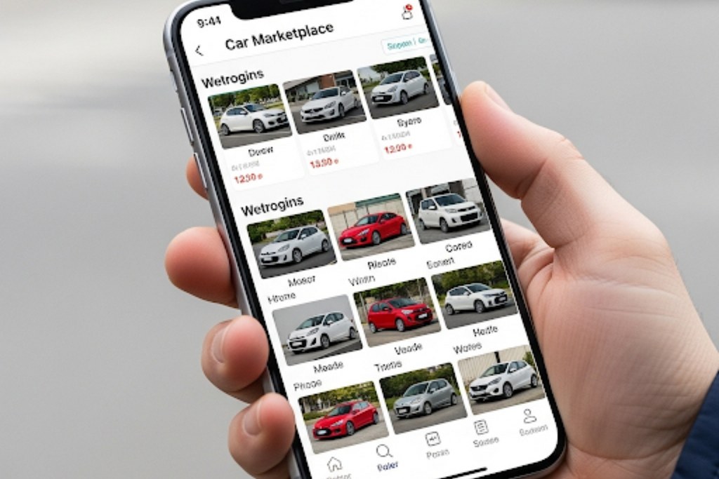 Man holding phone while looking at cars.