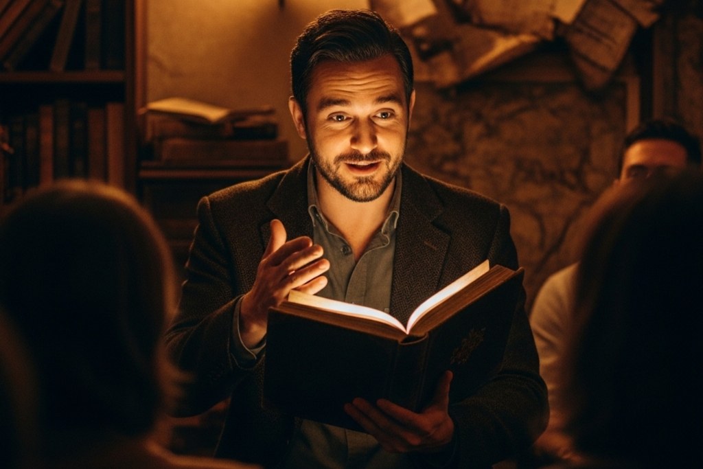 Man telling a story to a group of people in a dimly lit room.