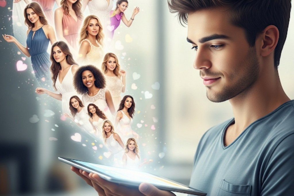 Man using a dating site where she finds beautiful ladies.