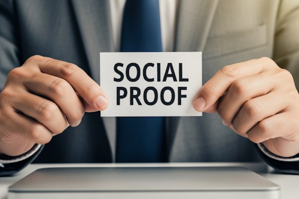 Message on the card SOCIAL PROOF in hands of businessman.