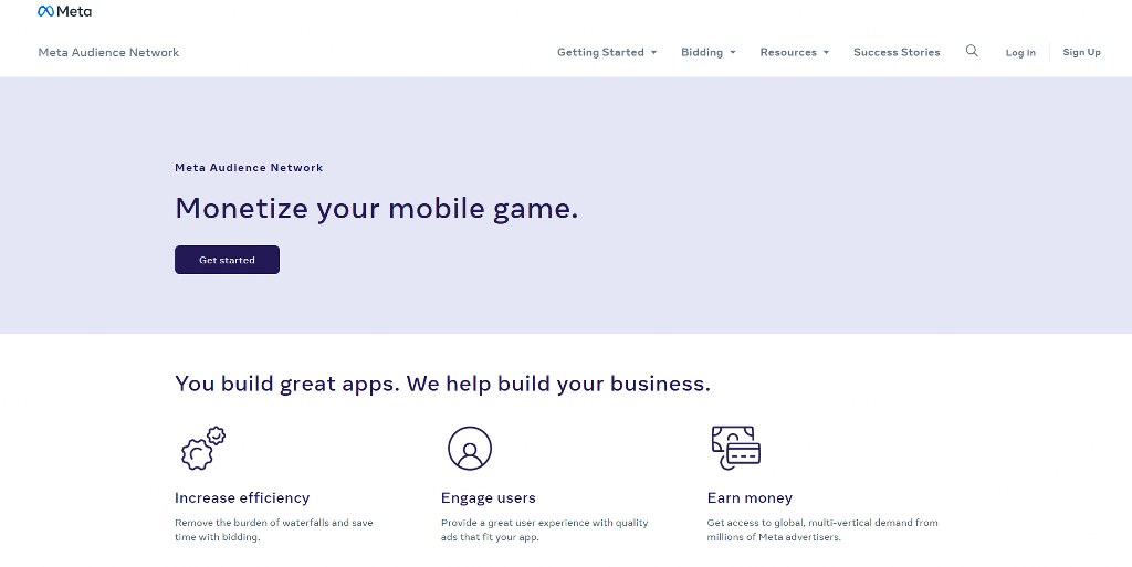 Meta Audience Network website homepage.