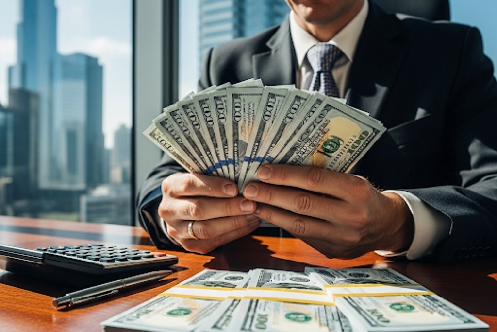 More sales concept: business owner counting lots of money.