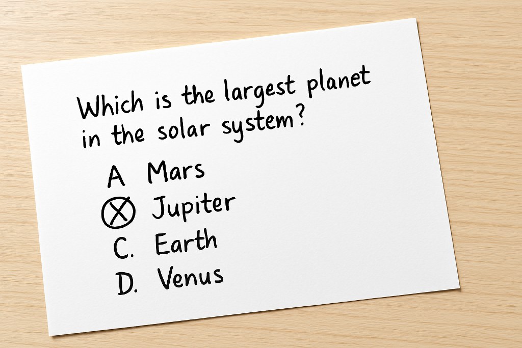 Multiple choice questions on a piece of paper.