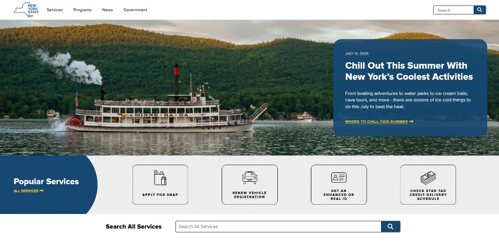 New York State website homepage.