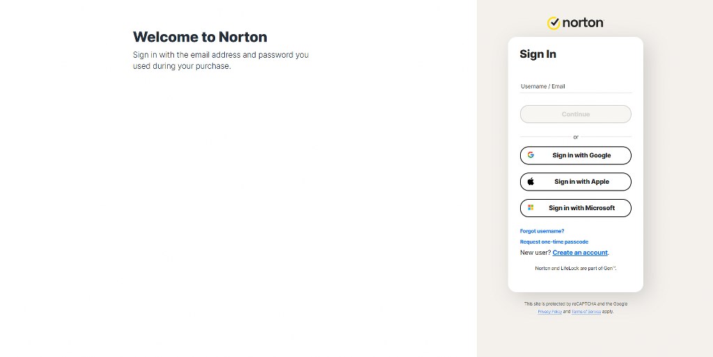 Norton sign-up page.