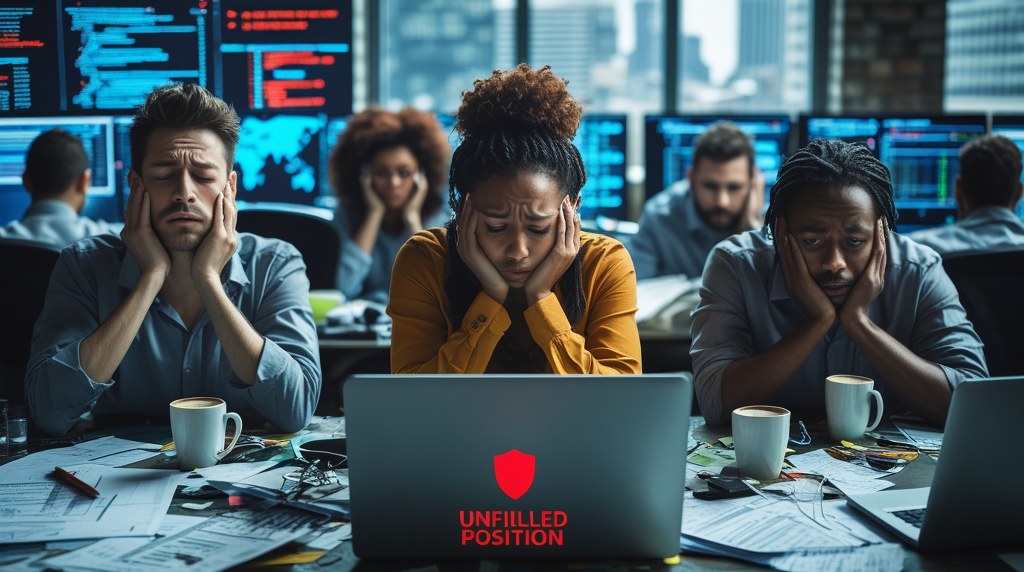 Overworked IT staff in an office with unfilled positions.