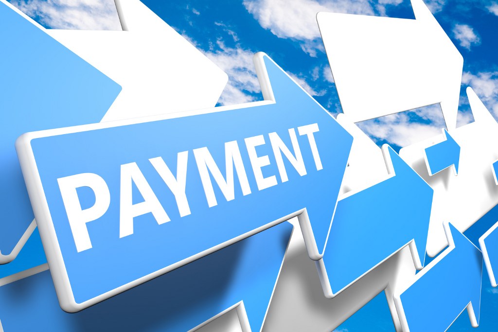 Payment text with white and blue arrows.