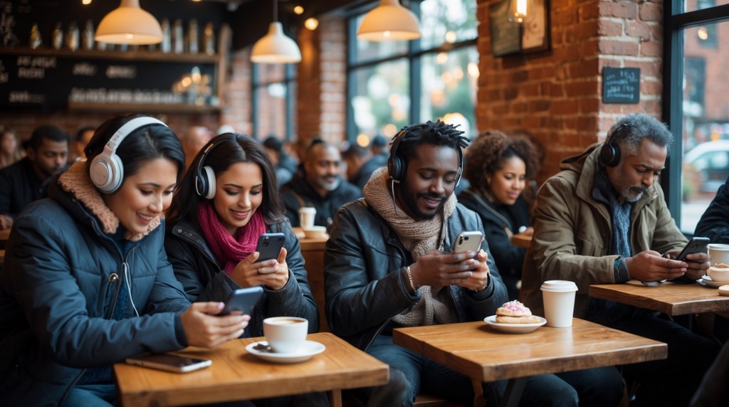 People in a coffee shop all looking at their smartphones.