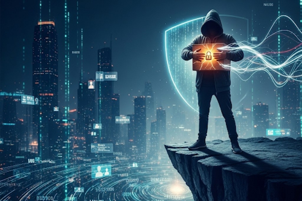 Person in dark hoodie holding a glowing, locked box against their chest. 