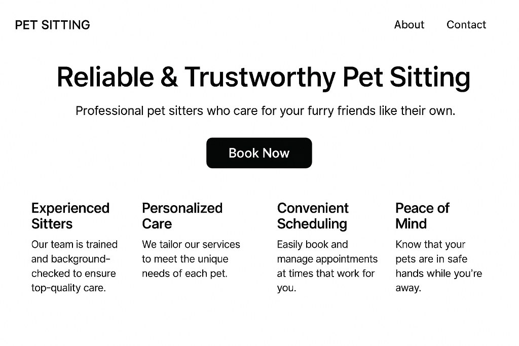 Pet sitting website with bullet points highlighting key features.