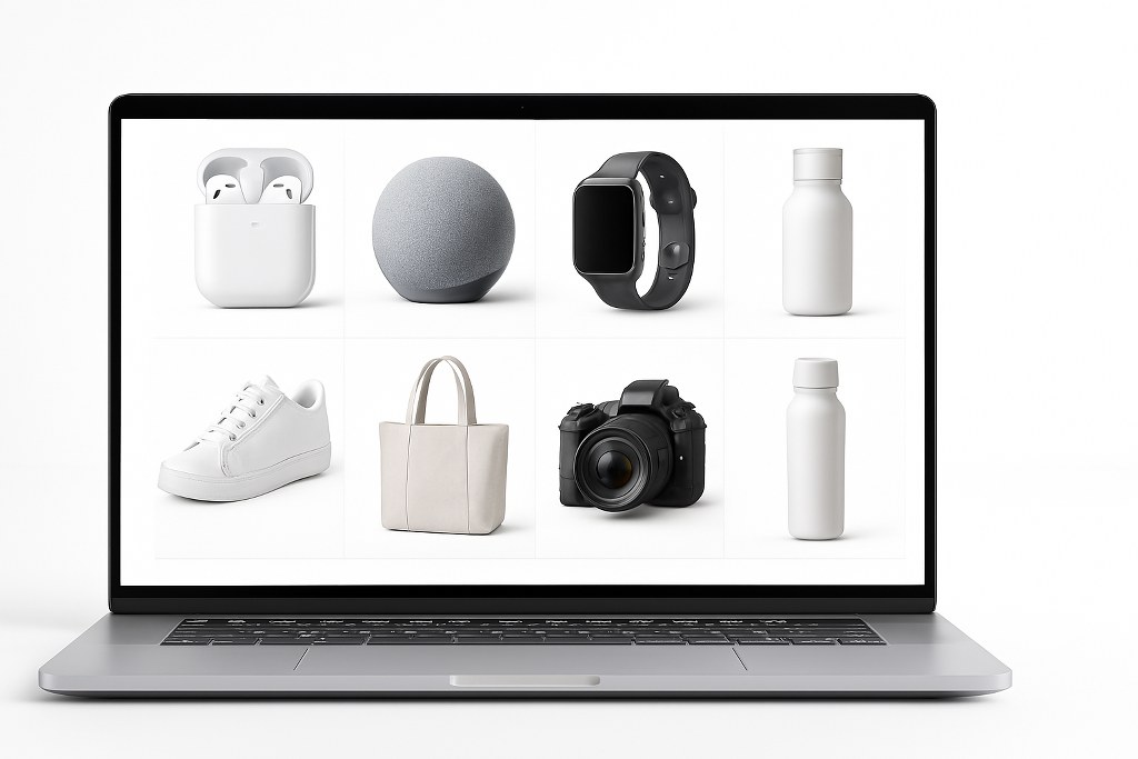 Products on a laptop.