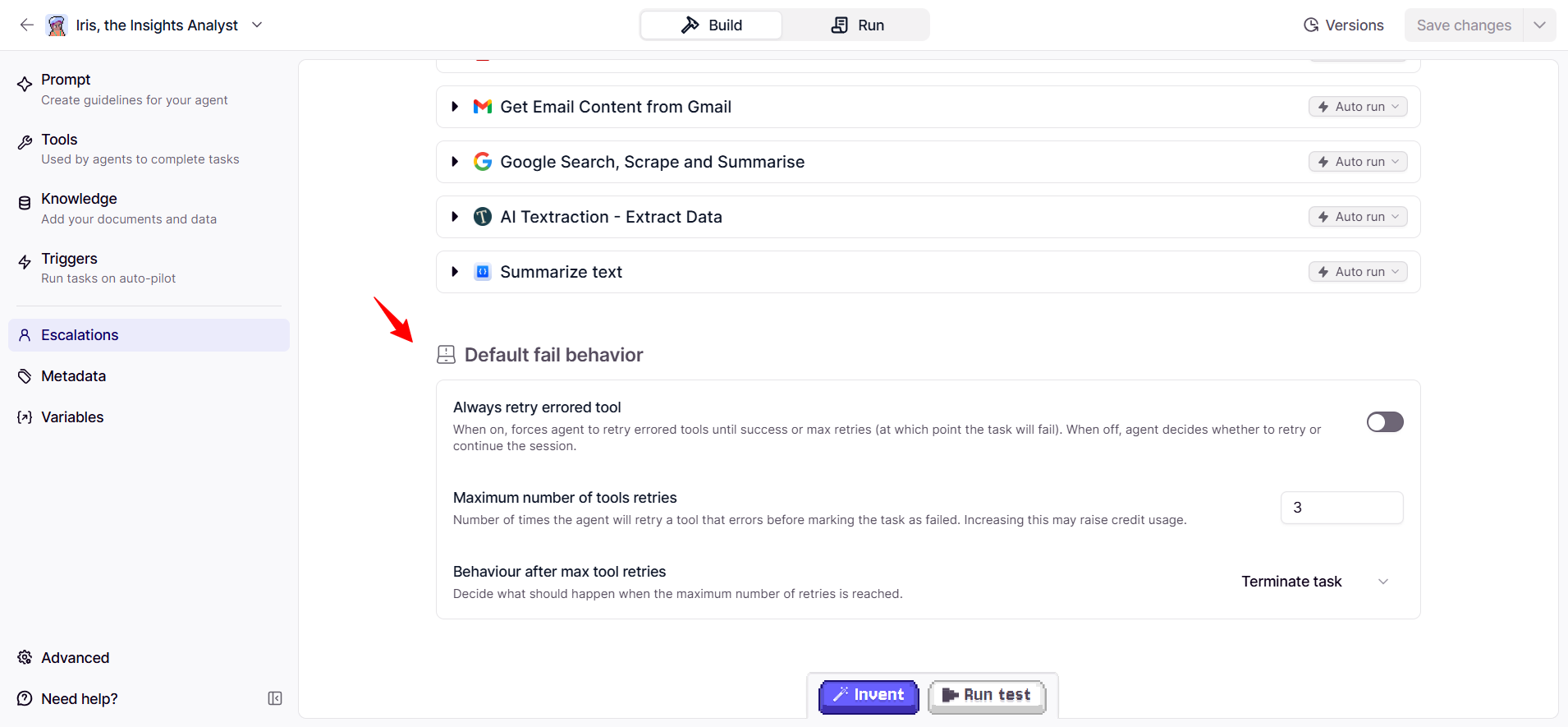 Relevance AI fail behavior and retry settings