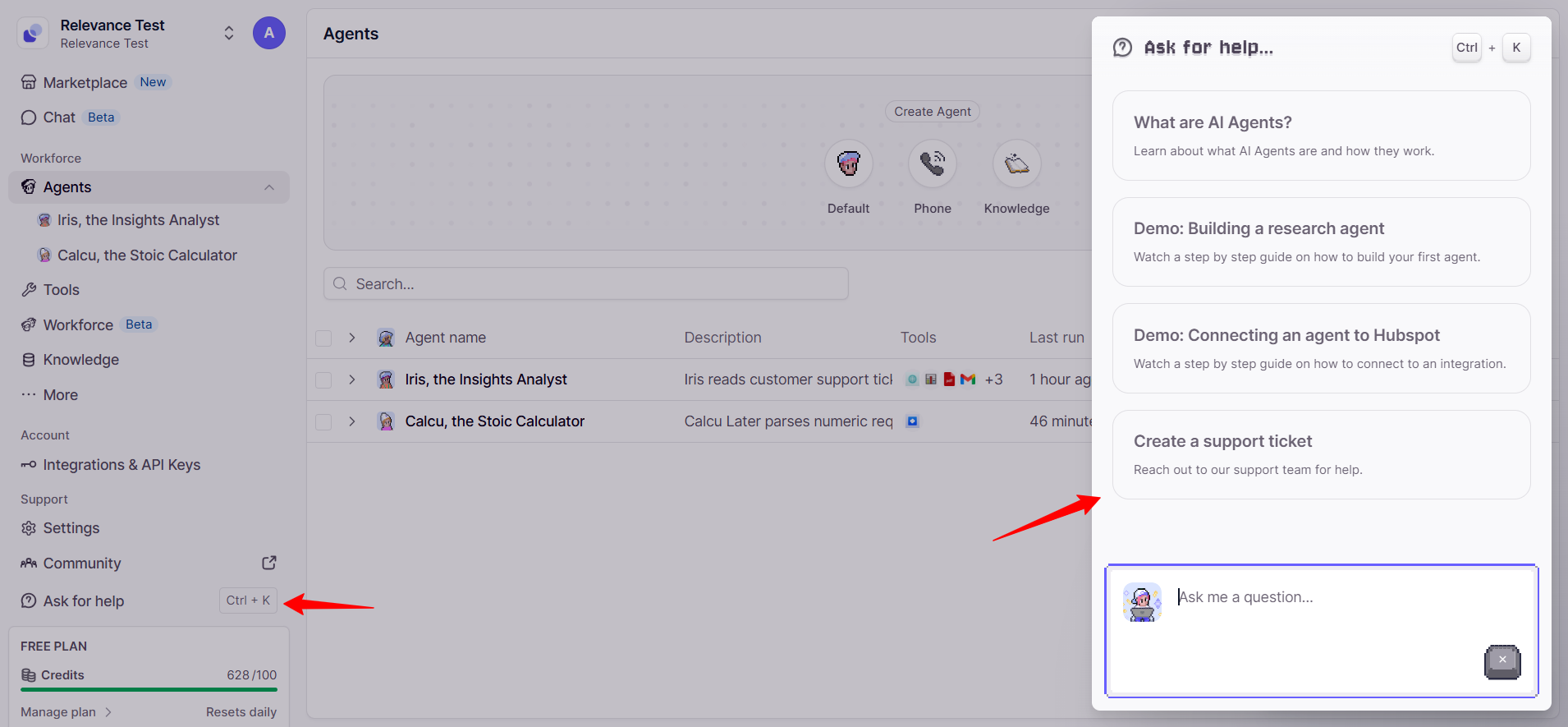 Relevance AI support ticket creation screen