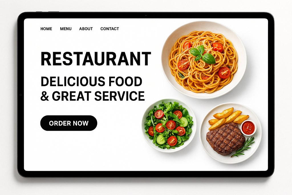 Restaurant landing page on a tablet.