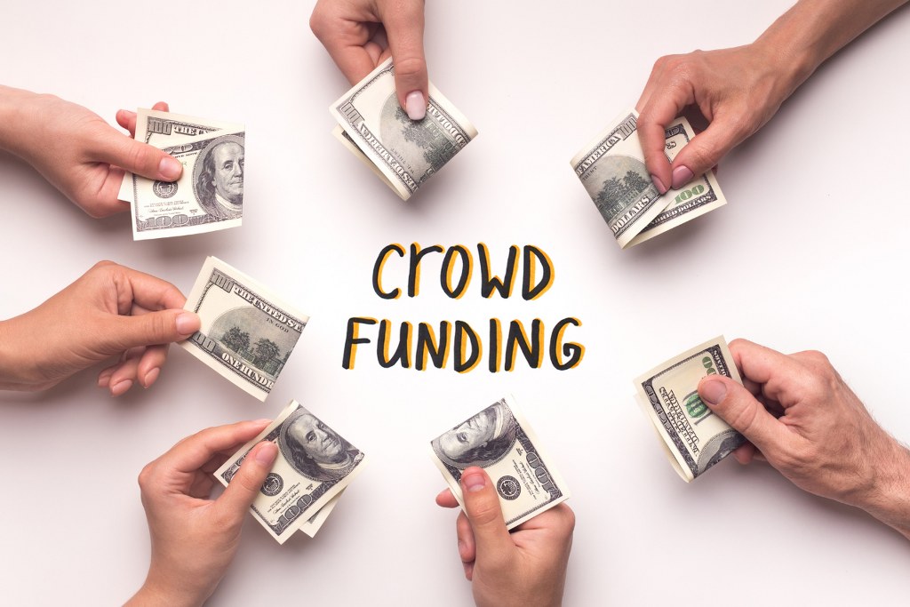 Rich People investing money in crowdfunding on white.