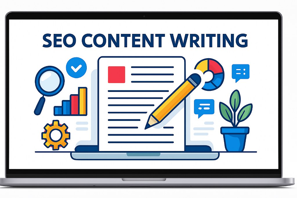 SEO content writing on a laptop.