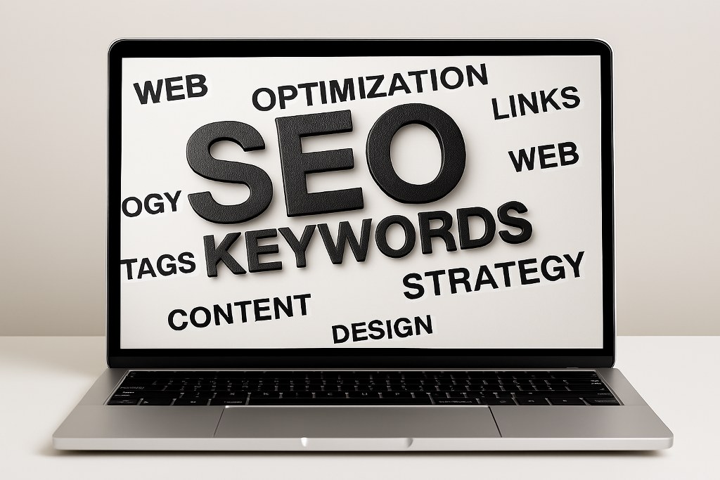 SEO keywords displayed on a laptop screen.