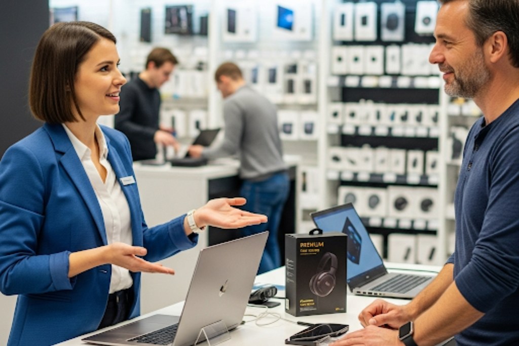 Saleslady upselling to a customer.