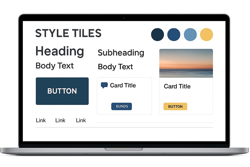 Sample style tiles and components on a laptop screen.