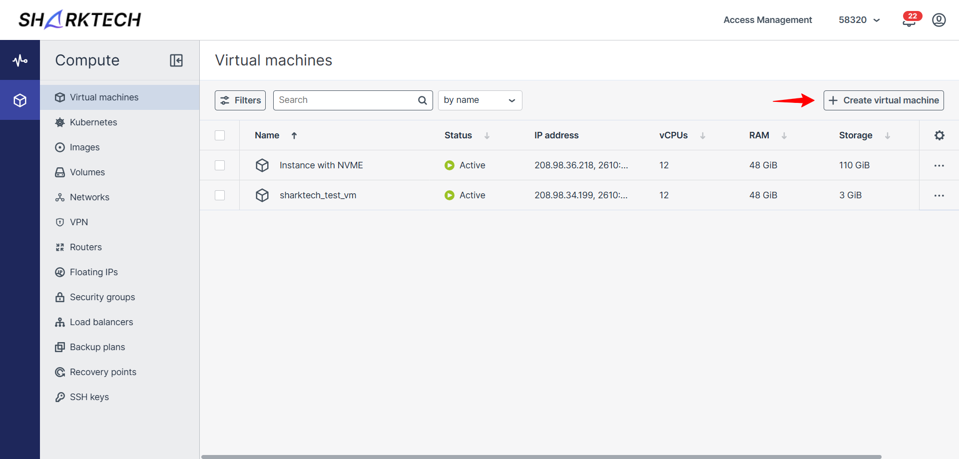 Virtual Machines tab