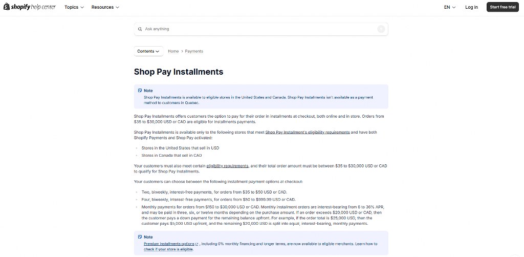 Shopify Pay Installments page.