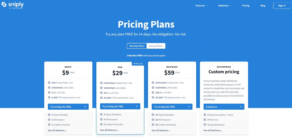 Sniply pricing page.
